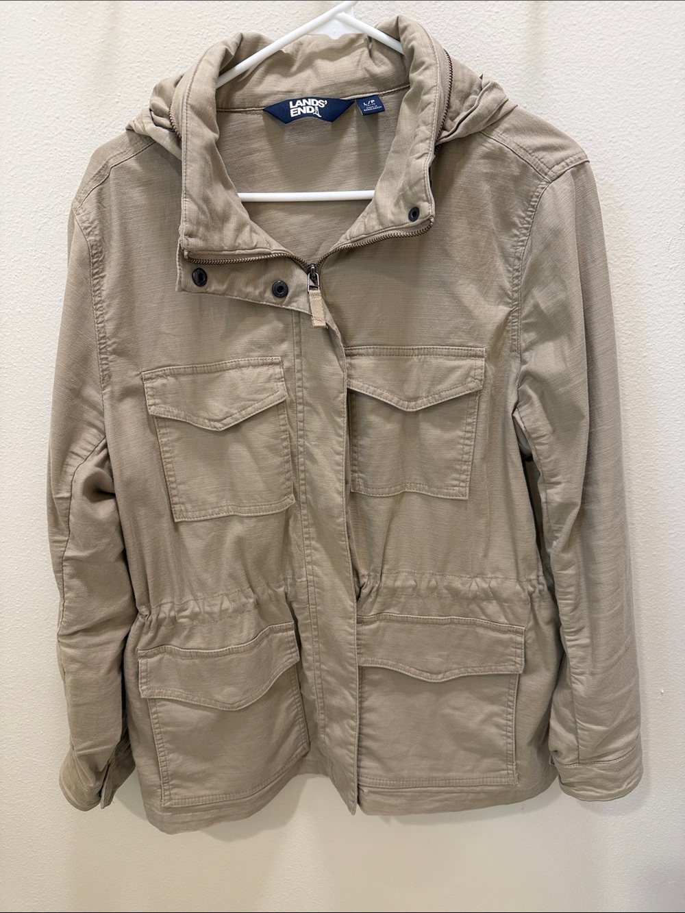 EUC Lands' End Women's Light Khaki Utility Jacket with Hood, Size LP